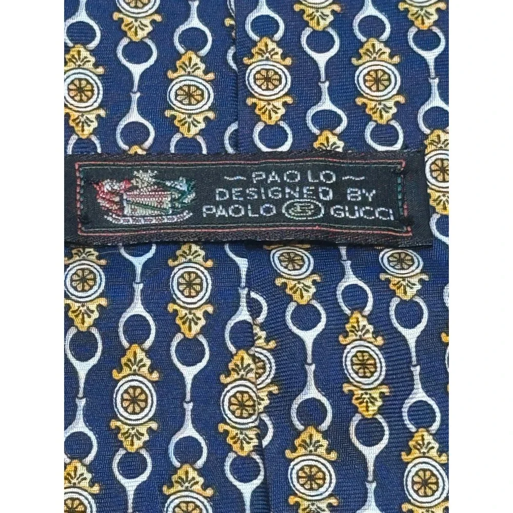 Paolo Gucci Mens Silk Tie Navy‎ Blue Gold Crest Chain Geometric Made in Italy